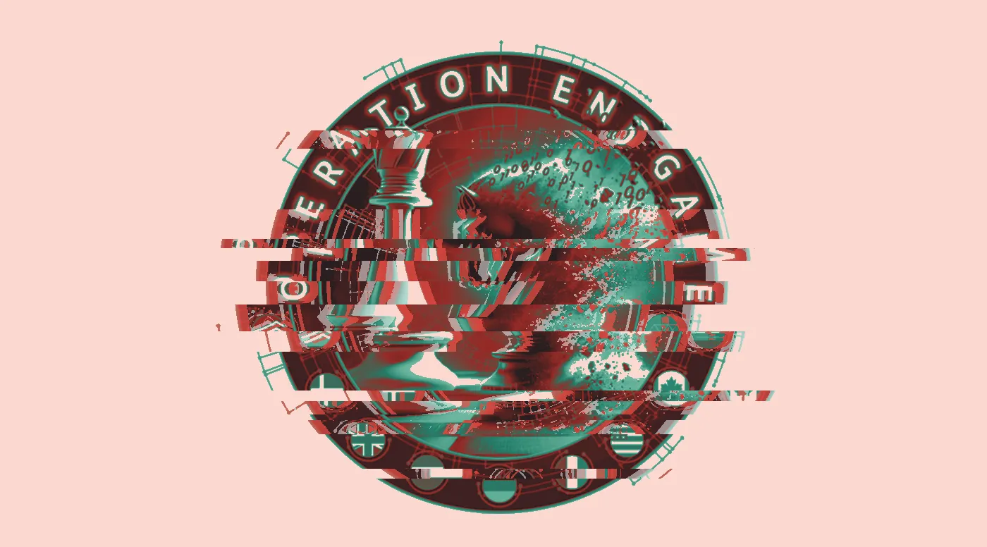 Operation Endgame badge: chess king and knight inside a ring of national flags